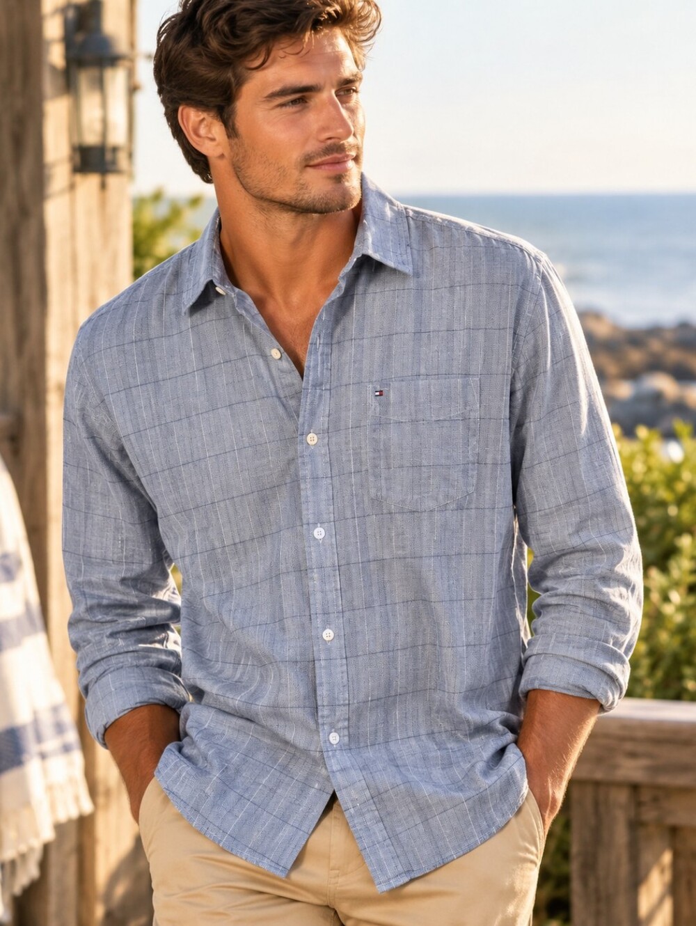 Tommy Hilfiger Blue Windowpane Plaid Textured Long Sleeve Shirt